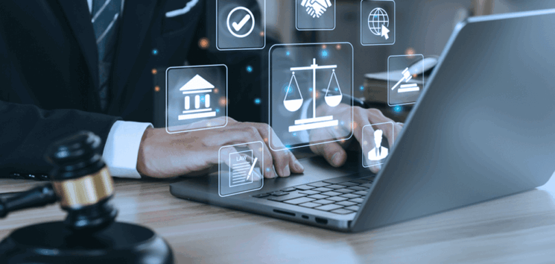 Digital legal icons floating above laptop showing online court filing system and arbitration services
