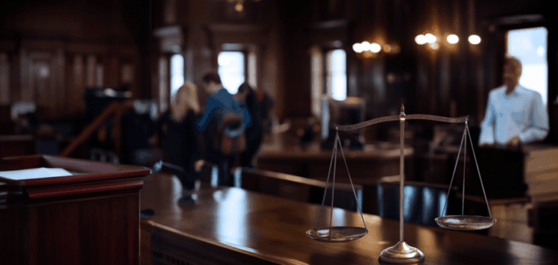 Scales of justice in courtroom setting representing state security crimes and judicial proceedings