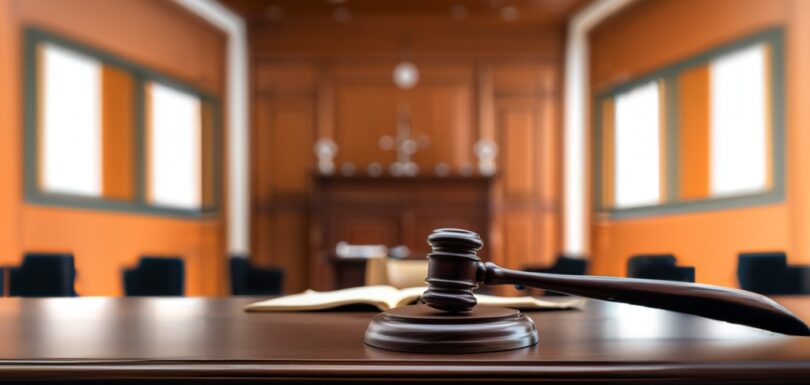 A judge’s gavel and open legal book on a courtroom desk, symbolizing advocacy as the fourth pillar of justice.