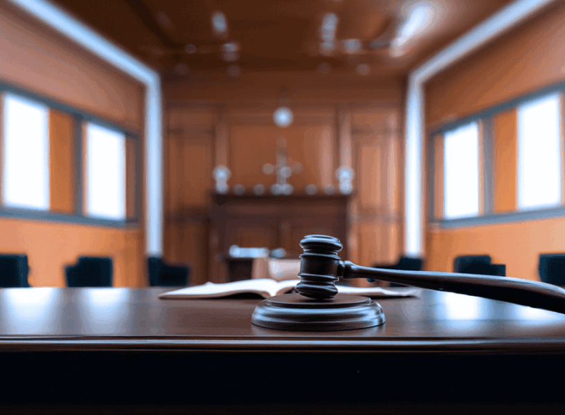 Inside a courtroom in Abu Dhabi representing legal proceedings involving living persons only