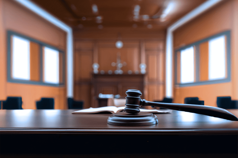 Inside a courtroom in Abu Dhabi representing legal proceedings involving living persons only