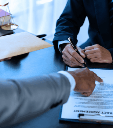 Lawyer signing a contract agreement in an office, symbolizing legal proceedings involving forged documents