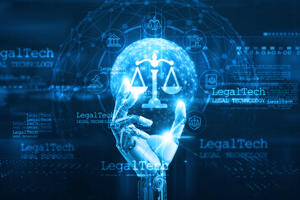 Robotic hand holding a digital globe with justice scale icons representing legal technology and arbitration