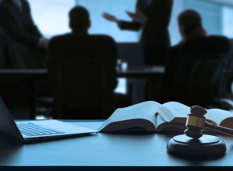 Law conference with gavel, book, and laptop representing UAE legal professionals shaping judicial principles