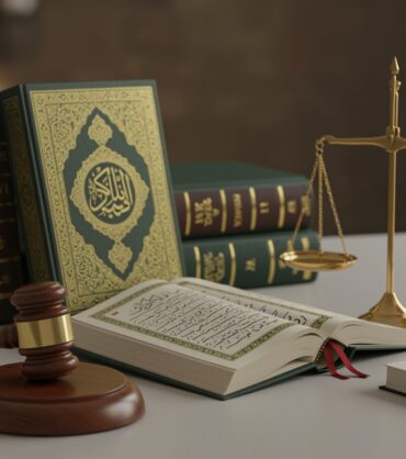 لقرآن الكريم وكتب الشريعة الإسلامية ومطرقة القاضي وميزان العدالة الذهبي على مكتب، يرمزون لتكامل الشريعة مع العلوم القانونية