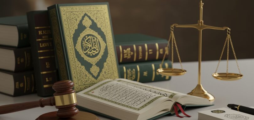 لقرآن الكريم وكتب الشريعة الإسلامية ومطرقة القاضي وميزان العدالة الذهبي على مكتب، يرمزون لتكامل الشريعة مع العلوم القانونية
