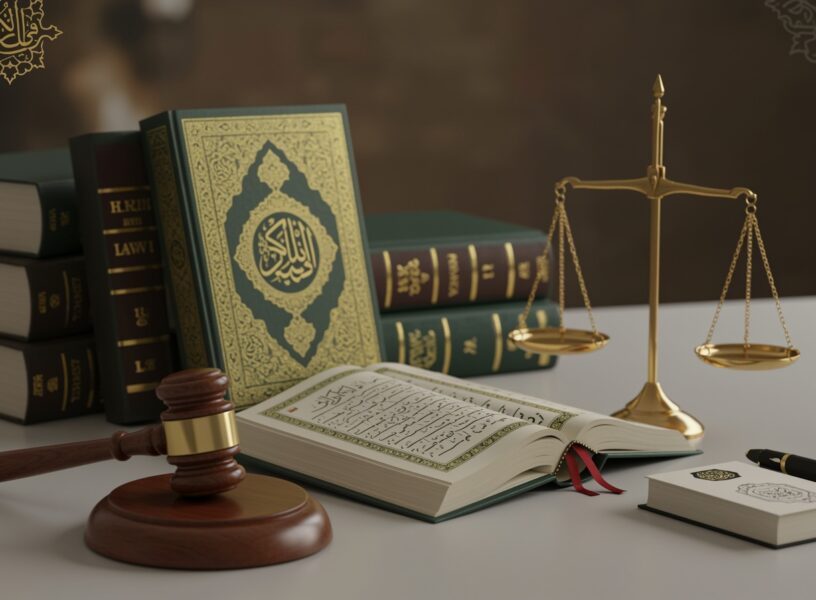 لقرآن الكريم وكتب الشريعة الإسلامية ومطرقة القاضي وميزان العدالة الذهبي على مكتب، يرمزون لتكامل الشريعة مع العلوم القانونية
