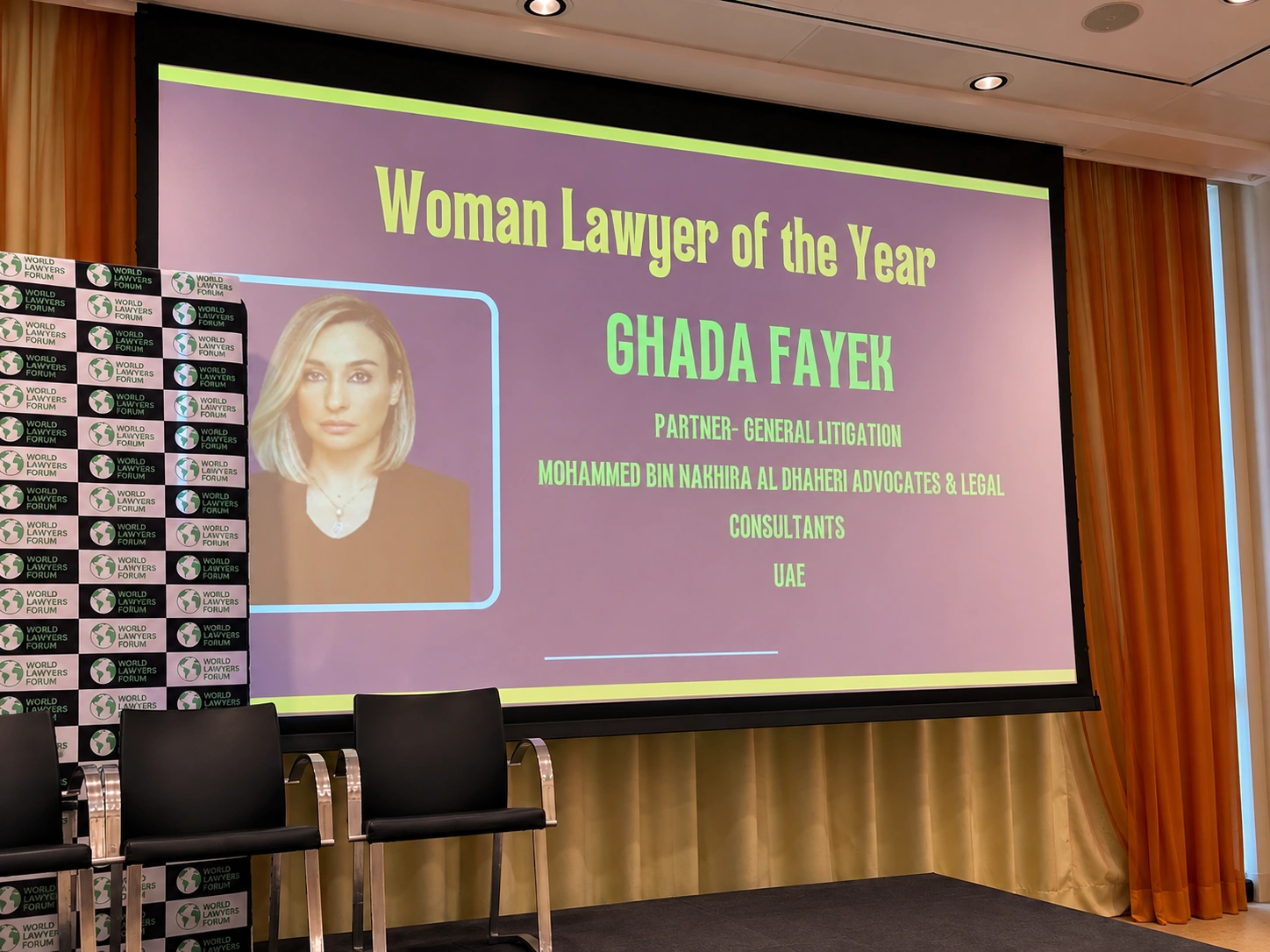 World Lawyers Forum screen announcing Dr Ghada Fayek as Woman Lawyer of the Year