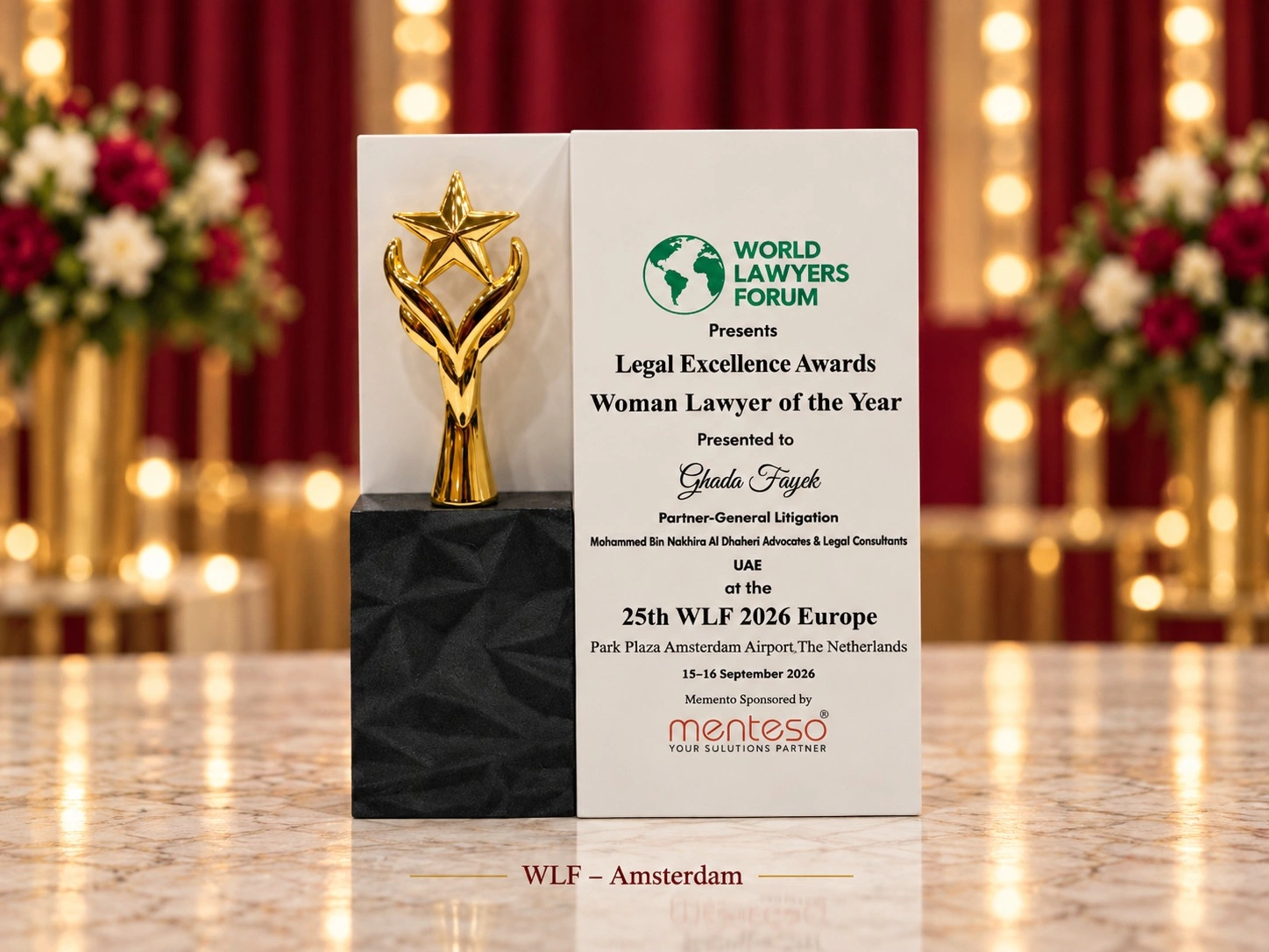 World Lawyers Forum screen announcing Dr Ghada Fayek as Woman Lawyer of the Year